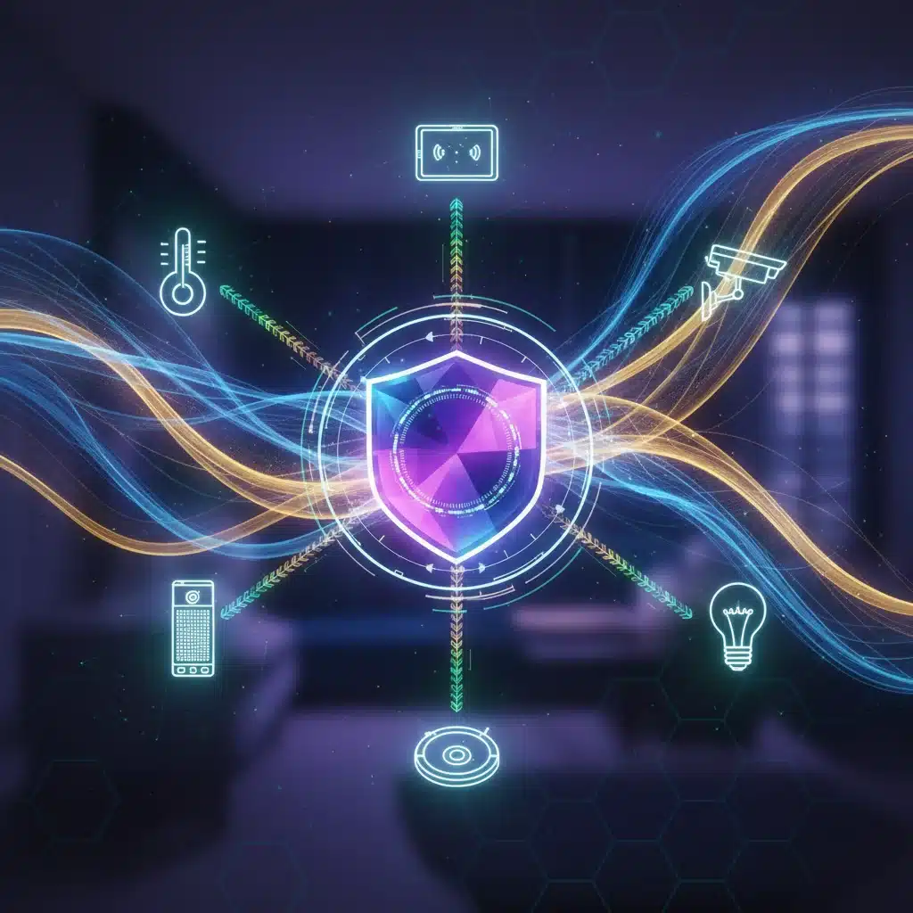 Secure data flow in a smart home network with encrypted connections.