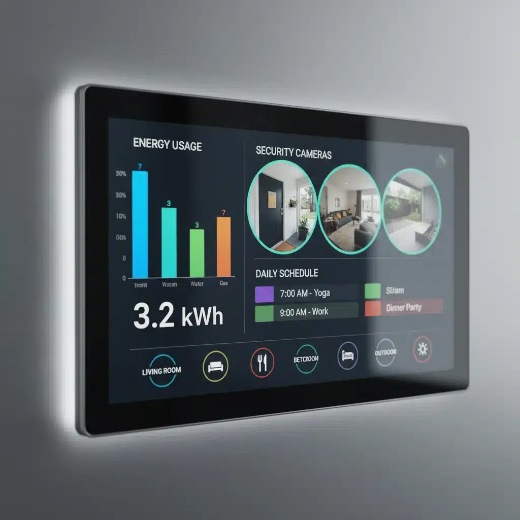 Smart home control panel displaying energy data and security feeds.