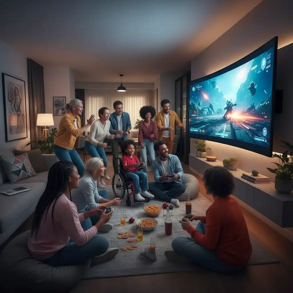 Diverse group engaging in social interactive gaming, highlighting communal entertainment experiences.