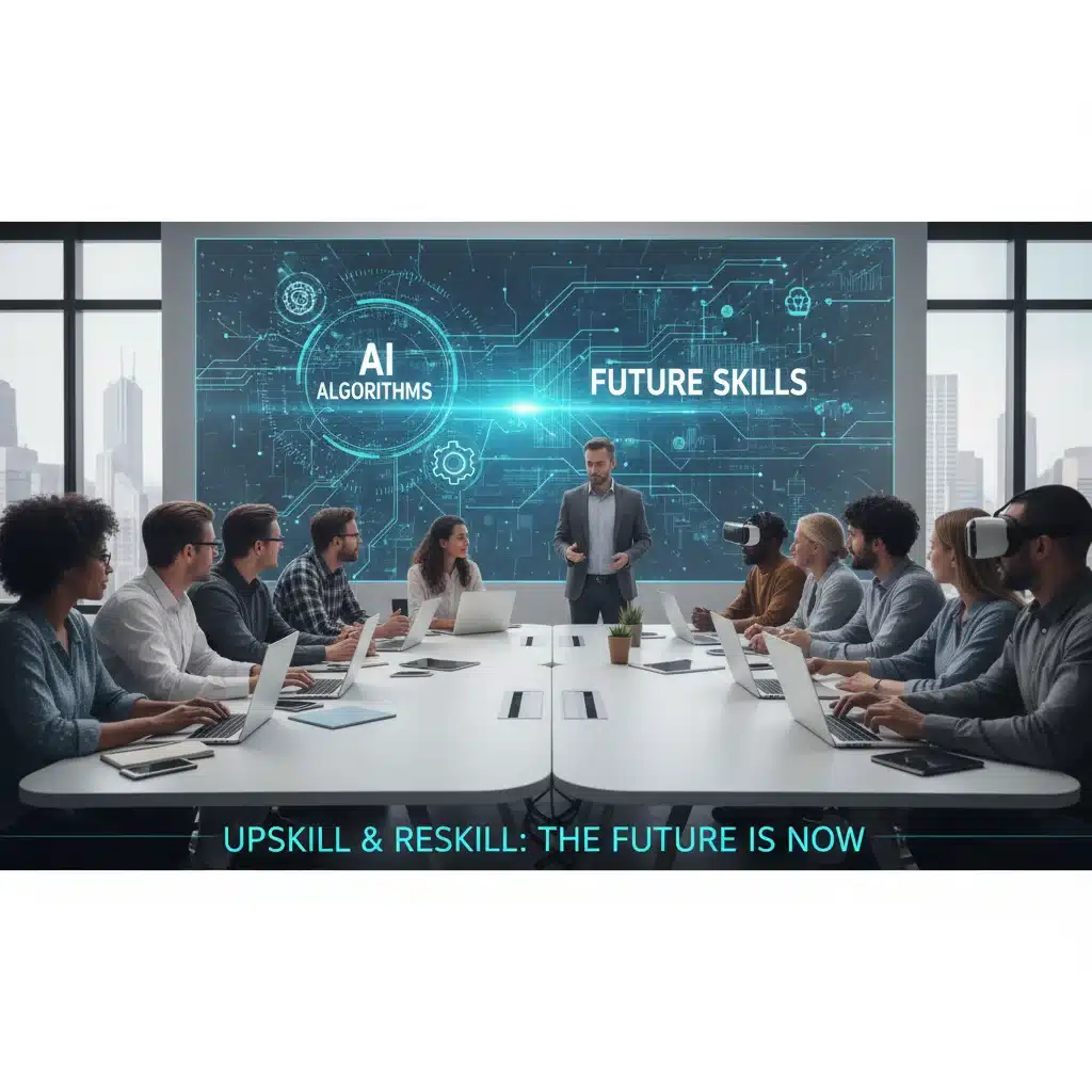 Diverse group learning digital skills, symbolizing upskilling and reskilling for AI-driven jobs.