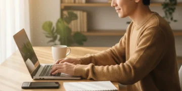 Person calmly managing digital devices to reduce distractions