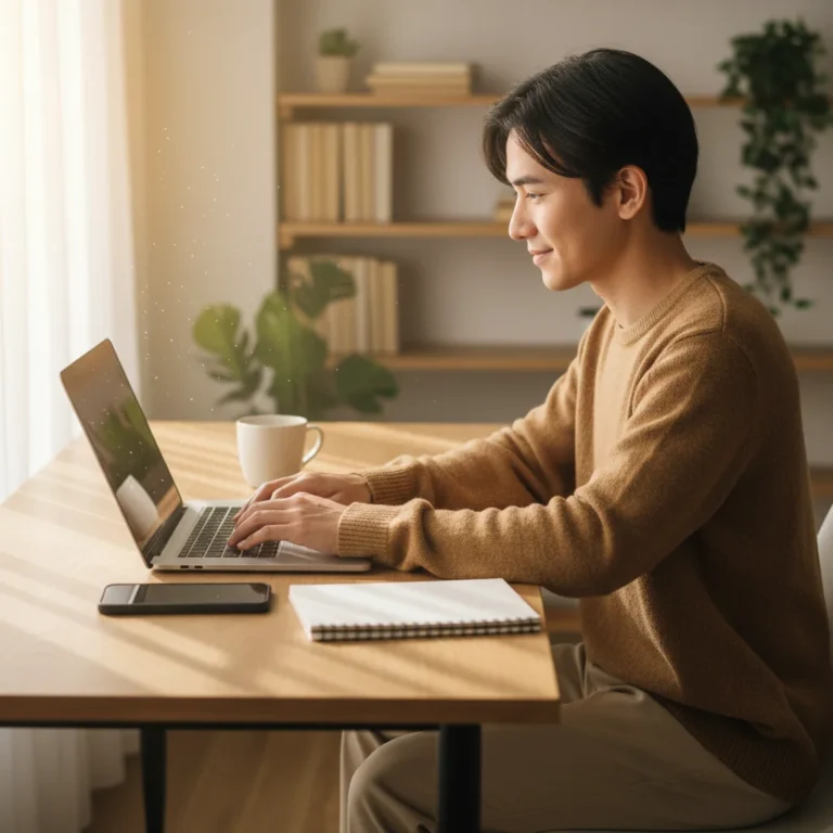 Person calmly managing digital devices to reduce distractions
