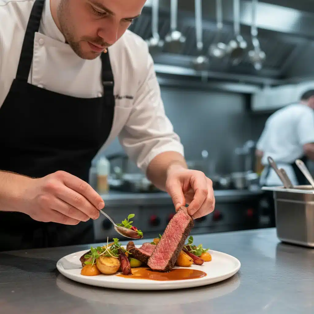 Chef preparing a gourmet dish with realistic plant-based meat alternative in a professional kitchen.