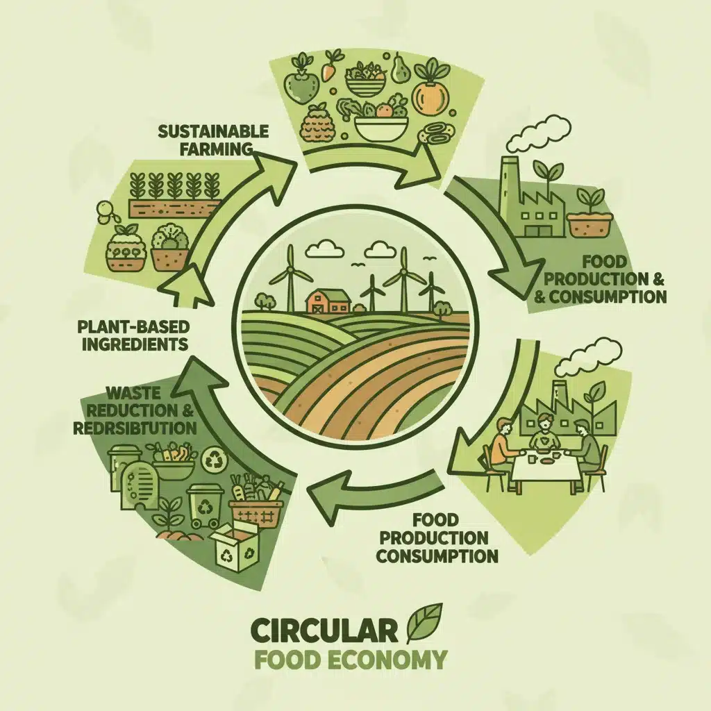 Circular economy graphic illustrating sustainable food production and plant-based sourcing.