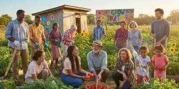 Diverse community gardening together, fostering real-world connections and engagement.