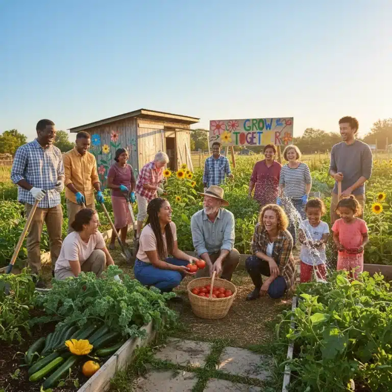 Diverse community gardening together, fostering real-world connections and engagement.