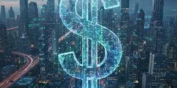 Digital dollar symbol integrated with blockchain, representing future of US finance