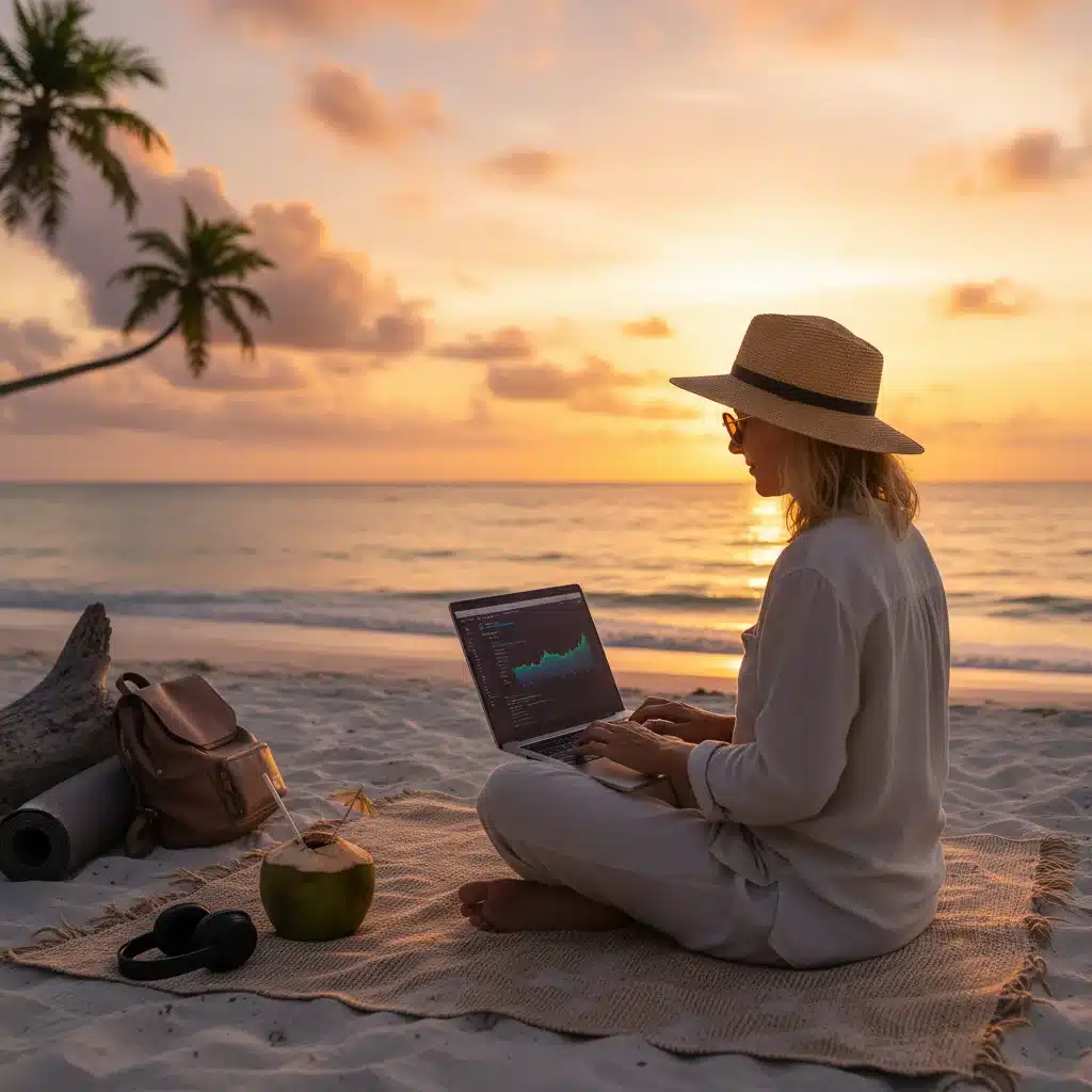 Digital nomad working on a laptop at a beach during sunset.