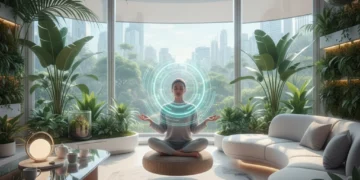 Digital Wellbeing 2026: US Strategies for Screen Fatigue Person meditating in a balanced digital environment with plants and soft lighting, symbolizing digital wellbeing.