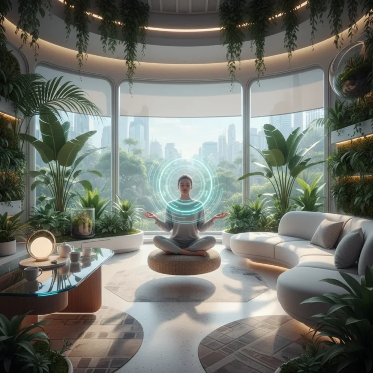 Person meditating in a balanced digital environment with plants and soft lighting, symbolizing digital wellbeing.