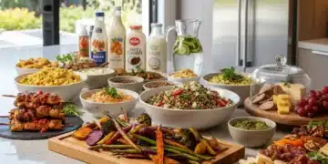 Diverse plant-based food spread on a modern kitchen counter, showcasing healthy and innovative ingredients.