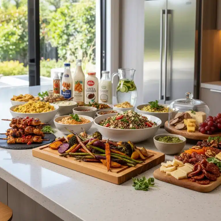 Diverse plant-based food spread on a modern kitchen counter, showcasing healthy and innovative ingredients.