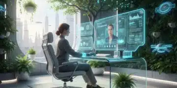 Futuristic home office with holographic screens and person working remotely.