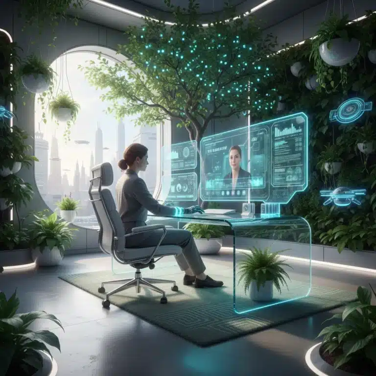 Futuristic home office with holographic screens and person working remotely.