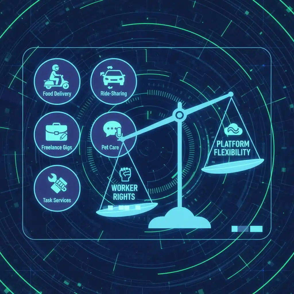 Digital interface of gig economy apps with a balance scale showing worker rights versus platform flexibility.
