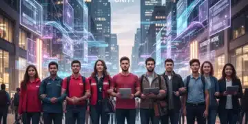 Gig workers united in a city square, representing the future of work and policy debates.