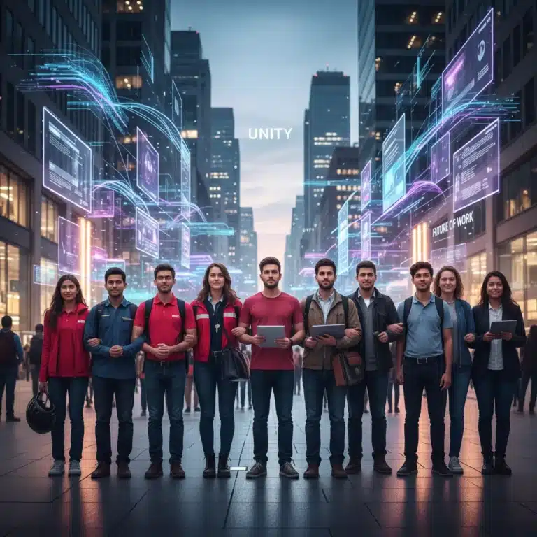 Gig workers united in a city square, representing the future of work and policy debates.