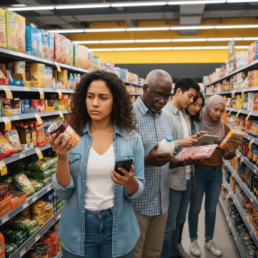 Consumers carefully examining grocery prices in a supermarket aisle due to rising inflation.