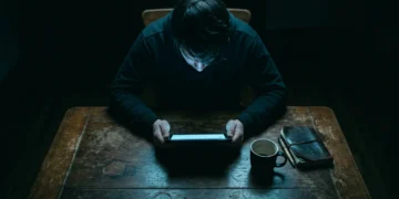 Person's face illuminated by a tablet screen, sitting at a wooden table with a coffee mug, depicting deep digital immersion and social isolation.