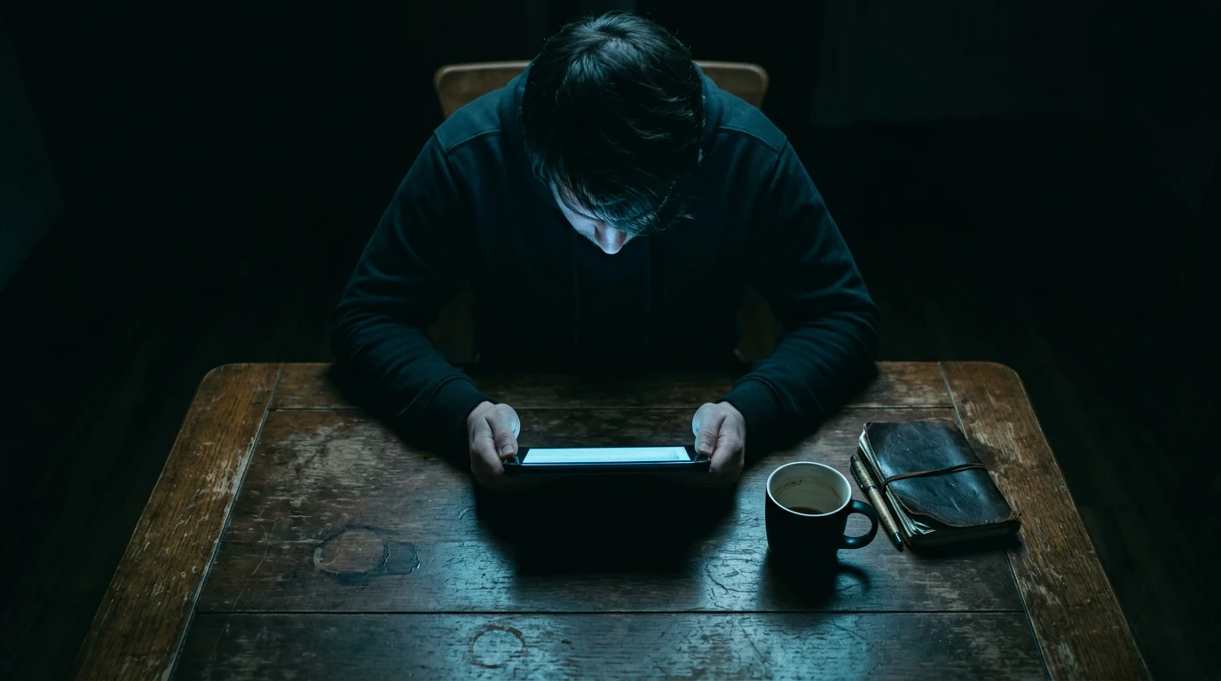 Person's face illuminated by a tablet screen, sitting at a wooden table with a coffee mug, depicting deep digital immersion and social isolation.