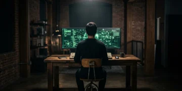 A person viewing intricate green data streams on a curved monitor in a dimly lit room, illustrating algorithmic influence on digital interactions.