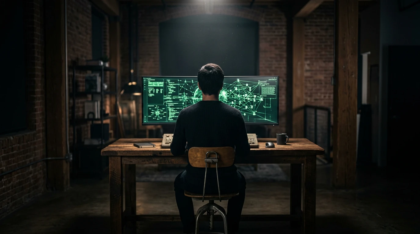 A person viewing intricate green data streams on a curved monitor in a dimly lit room, illustrating algorithmic influence on digital interactions.