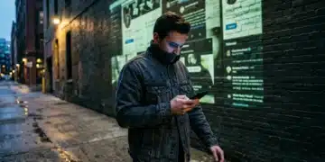 Navigating the New Normal: Unpacking Current Shifts in Digital Life and Society A person navigating a city street at dusk, their face partially illuminated by a smartphone, with digital projections of social media profiles layered onto a brick wall, symbolizing the complex integration of digital and real-world identity.