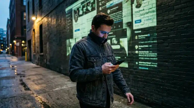 A person navigating a city street at dusk, their face partially illuminated by a smartphone, with digital projections of social media profiles layered onto a brick wall, symbolizing the complex integration of digital and real-world identity.