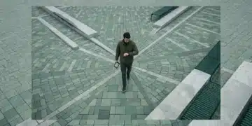 Aerial view of a person walking across a modern public plaza with geometric green and grey paving, looking at a smartwatch and carrying an e-reader, symbolizing the integration of digital life.
