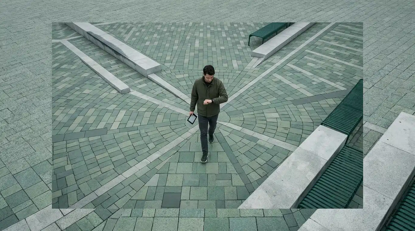 Aerial view of a person walking across a modern public plaza with geometric green and grey paving, looking at a smartwatch and carrying an e-reader, symbolizing the integration of digital life.