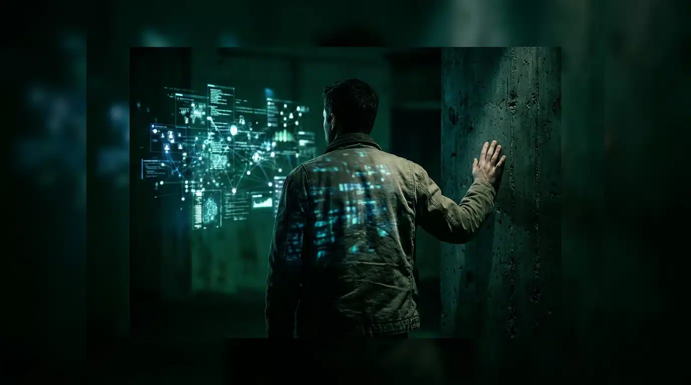 A person stands silhouetted against a fractured digital projection, representing the blurred lines of online and offline identity in modern society.