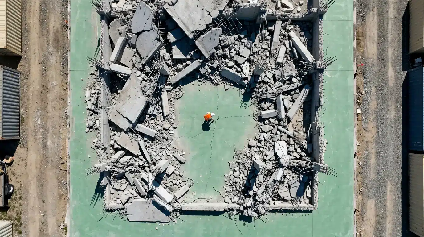Aerial view of a construction worker inspecting a crack in a vast green concrete foundation, surrounded by fragmented geometric patterns of a partially demolished building, symbolizing overlooked systemic economic risks.