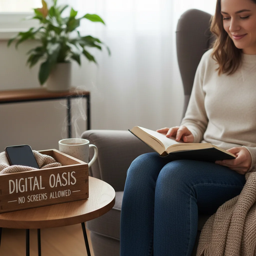 Person placing phone in a digital detox box, reading a book, symbolizing intentional screen breaks.