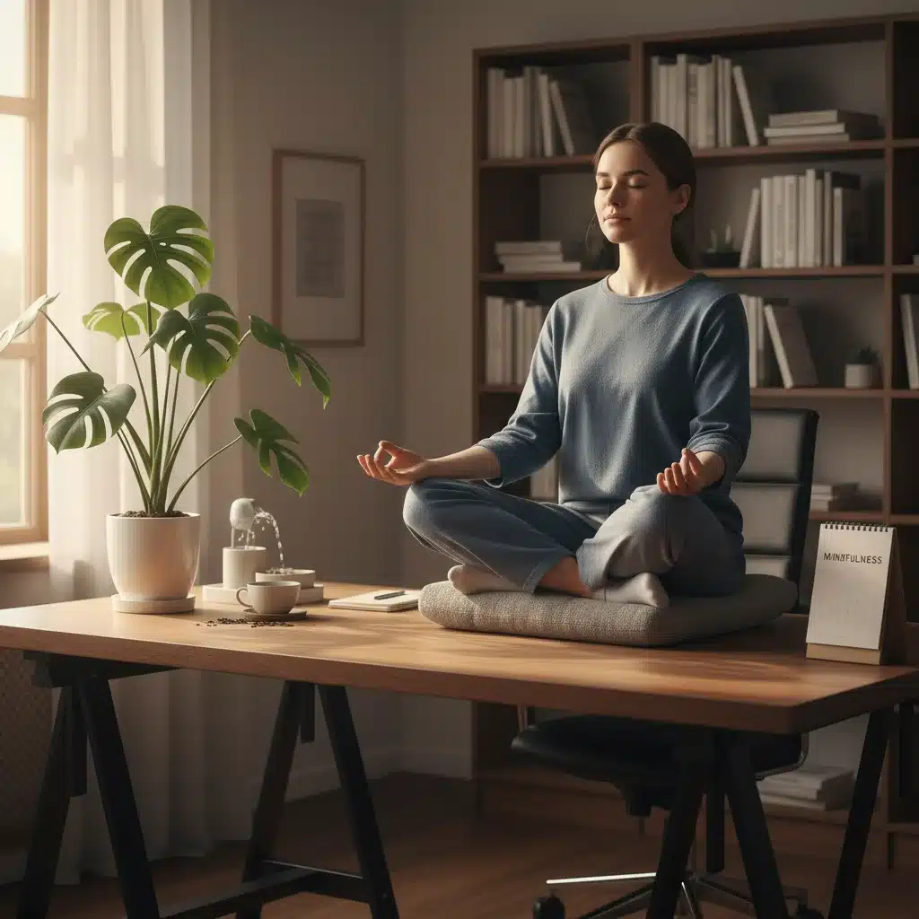 Employee meditating at desk, practicing mindfulness for stress reduction in the workplace.