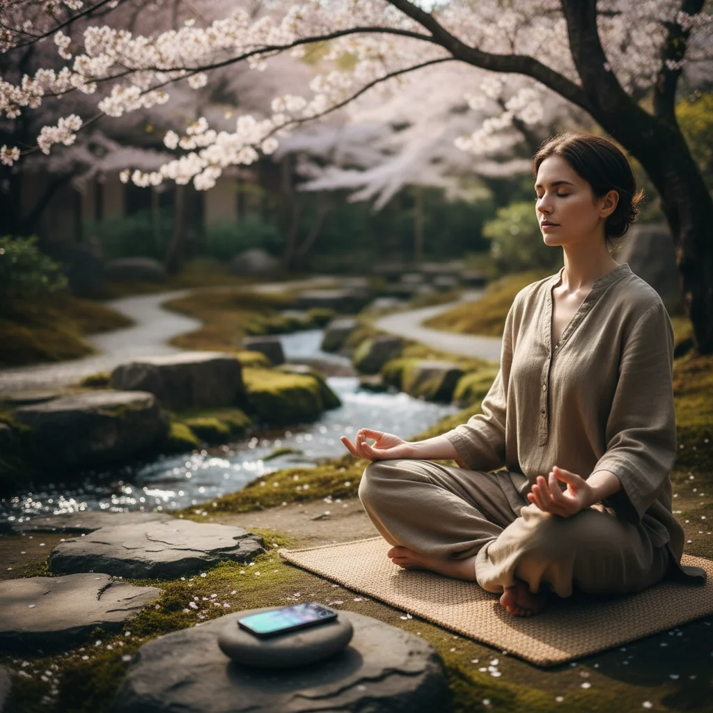 Mindful person practicing meditation away from digital devices