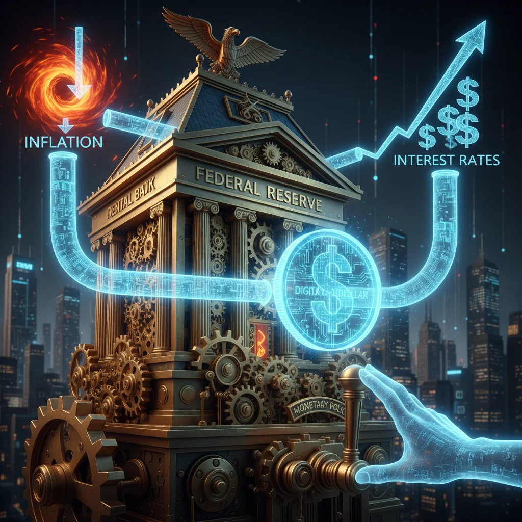 Monetary policy tools, Federal Reserve building with gears, economic indicators