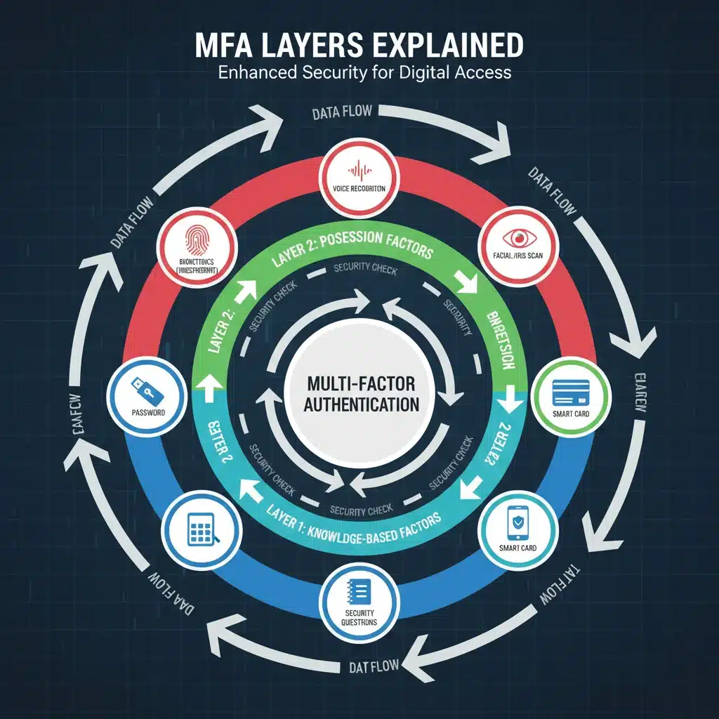 Multi-factor authentication layers infographic with biometrics and hardware tokens for enhanced security