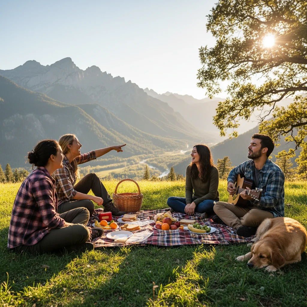 Friends enjoying an outdoor picnic, disconnecting from digital devices and fostering real-world connections.
