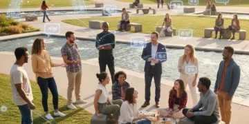 Diverse group connecting offline after meeting through online communities, smiling in a park