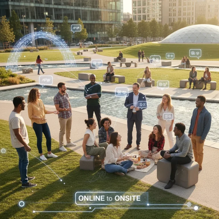 Diverse group connecting offline after meeting through online communities, smiling in a park