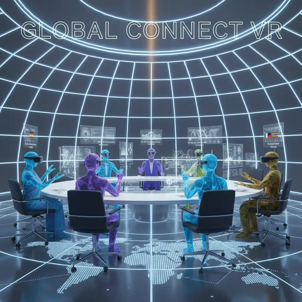Diverse professionals collaborating in a virtual reality meeting space.