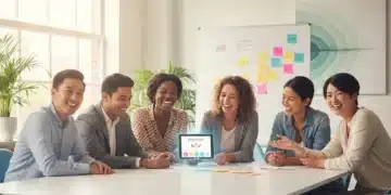 Employees collaborating happily in a modern office, symbolizing positive workplace mental health initiatives.