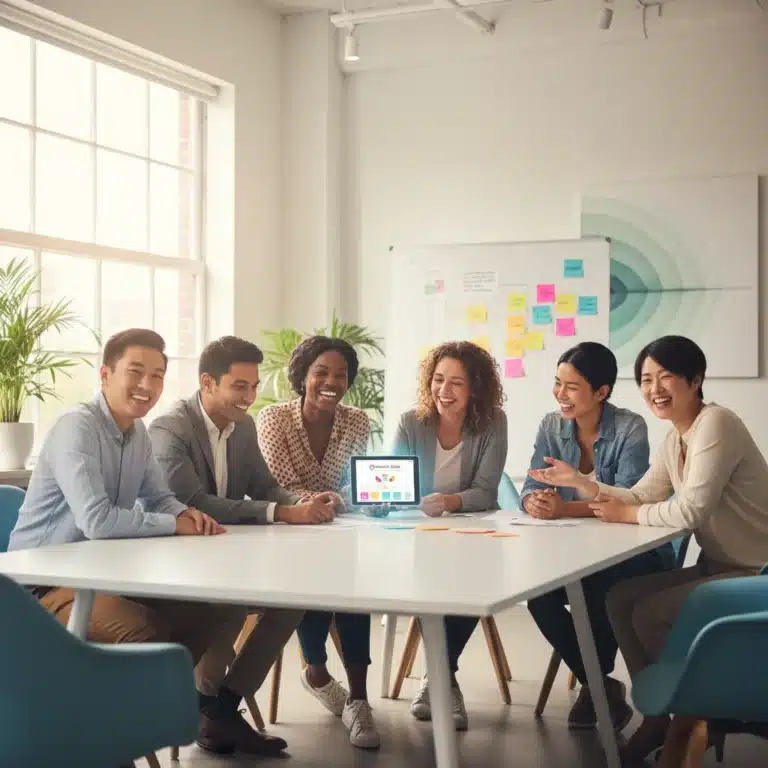Employees collaborating happily in a modern office, symbolizing positive workplace mental health initiatives.