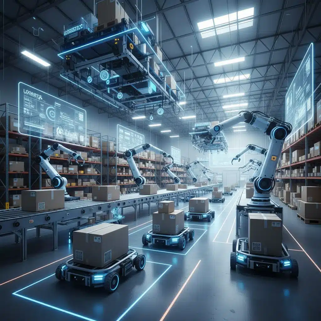Automated robots working in a modern warehouse, symbolizing supply chain automation and efficiency.