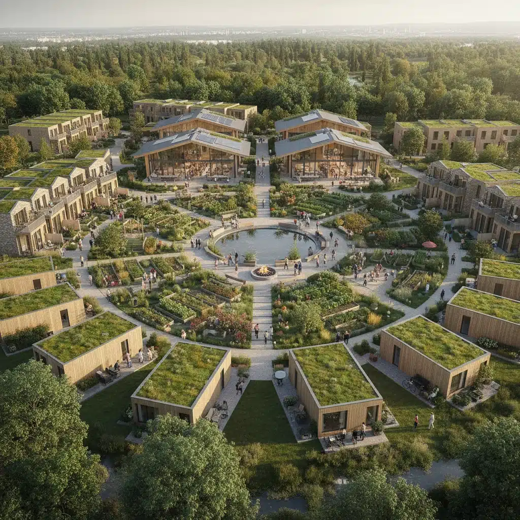 Co-housing development with shared gardens and communal spaces, illustrating collaborative urban living.