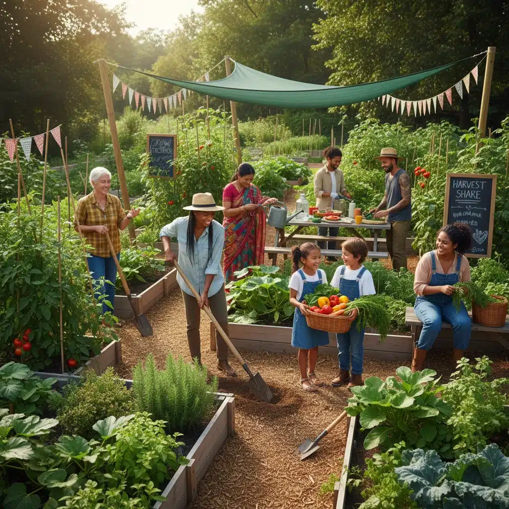Diverse community members collaborating in a vibrant urban garden