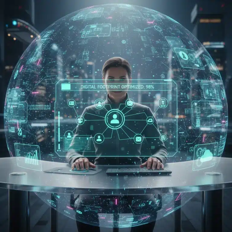 Person managing digital footprint on multiple screens