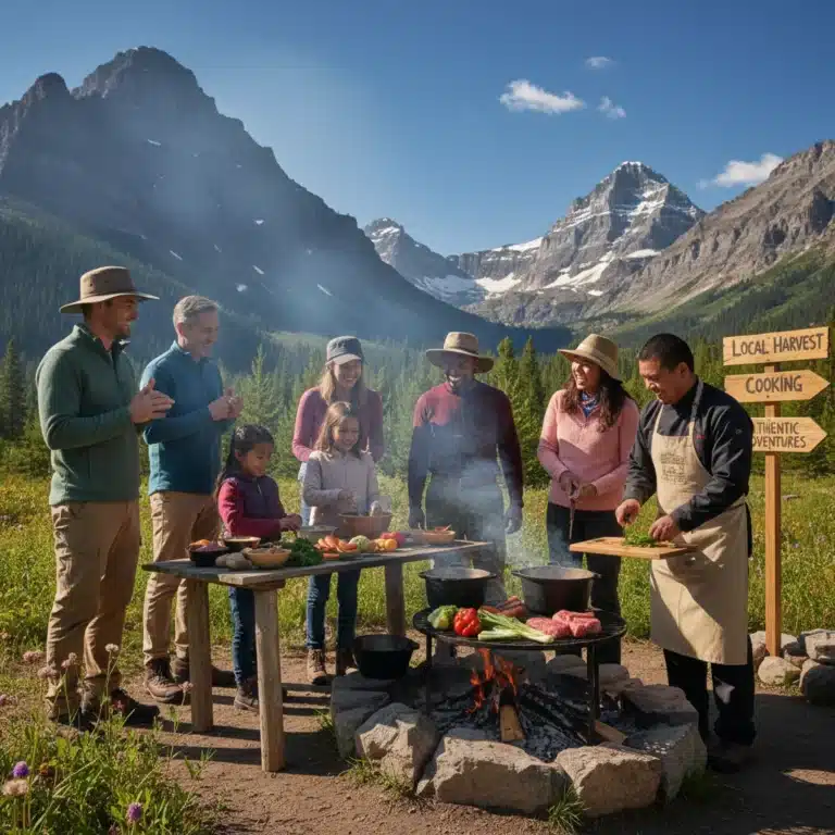 Group of diverse travelers engaging in an outdoor cooking class in a national park.