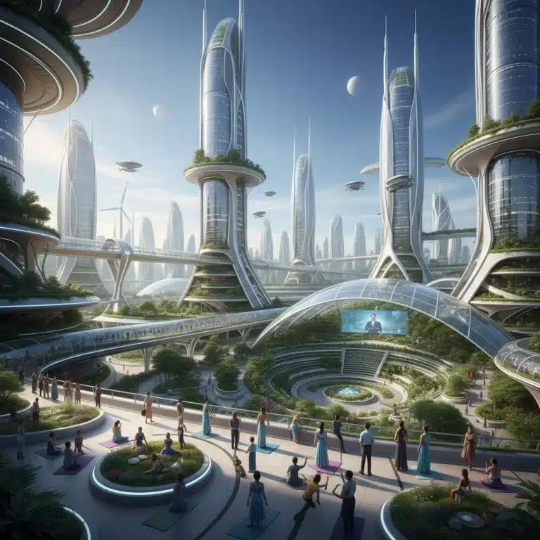 Futuristic city with green spaces and community interactions, representing innovative urban living models.
