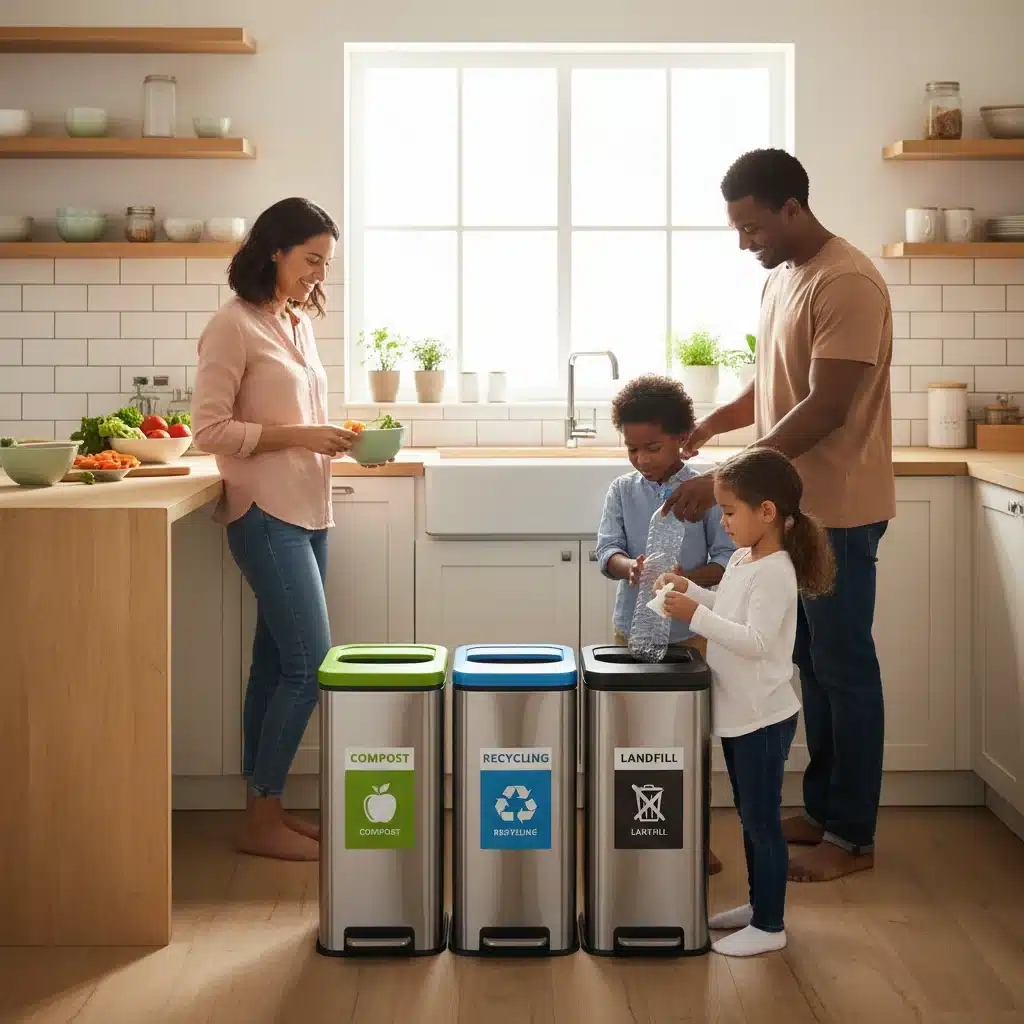 Family separating kitchen waste for composting and recycling